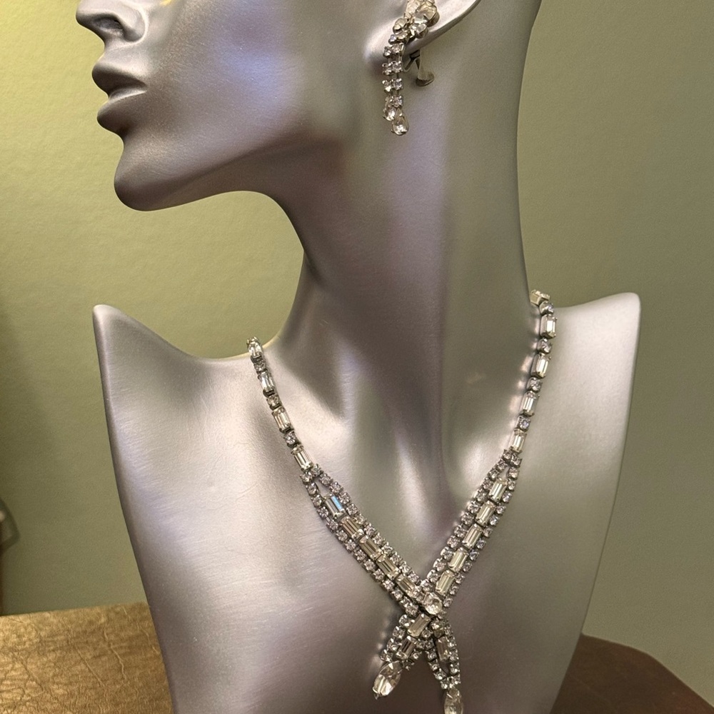 Gorgeous rhinestone “X” wrap necklace with waterfall earrings (screw back).